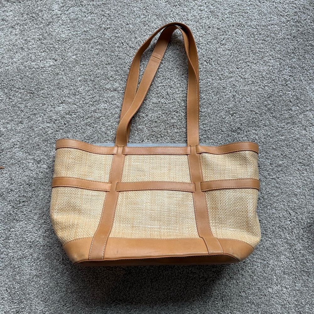 J. McLaughlin Large shoulder bag woven straw and leather.